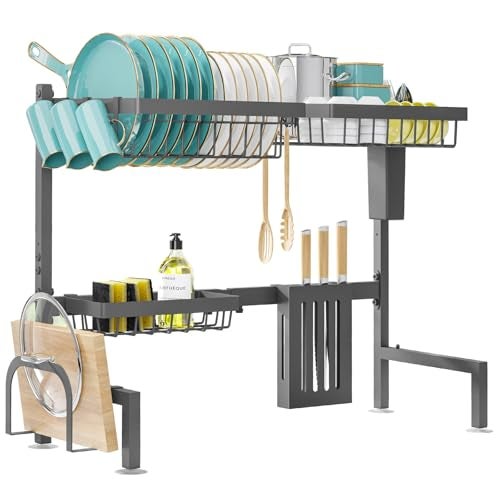 Sakugi Over The Sink Dish Drying Rack - Adjustable 2 Tier Large Capacity Stainless Steel Drainer with Cutlery & Utensil Holders, Kitchen Storage & Organization, 30"-33.9" L x 11" W x 21.5" H, Gray - Image 4