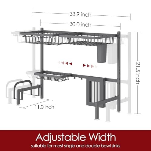 Sakugi Over The Sink Dish Drying Rack - Adjustable 2 Tier Large Capacity Stainless Steel Drainer with Cutlery & Utensil Holders, Kitchen Storage & Organization, 30"-33.9" L x 11" W x 21.5" H, Gray - Image 3