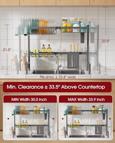 Sakugi Over The Sink Dish Drying Rack - Adjustable 2 Tier Large Capacity Stainless Steel Drainer with Cutlery & Utensil Holders, Kitchen Storage & Organization, 30"-33.9" L x 11" W x 21.5" H, Gray - Image 5