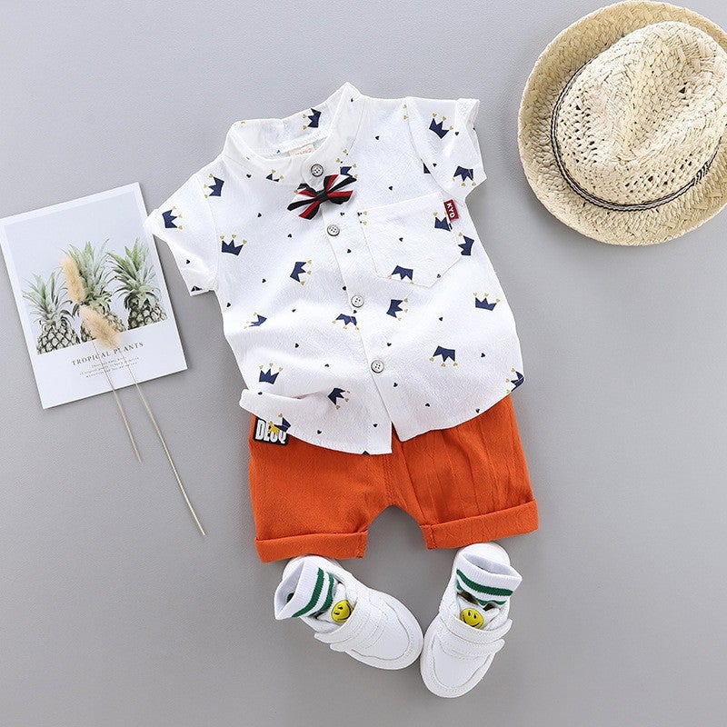 Childrens Clothing Summer Short-sleeved Shirt suit Western Style Handsome Mens Baby Summer Wear Thin Two-piece Set Baby Childrens Clothes Children White