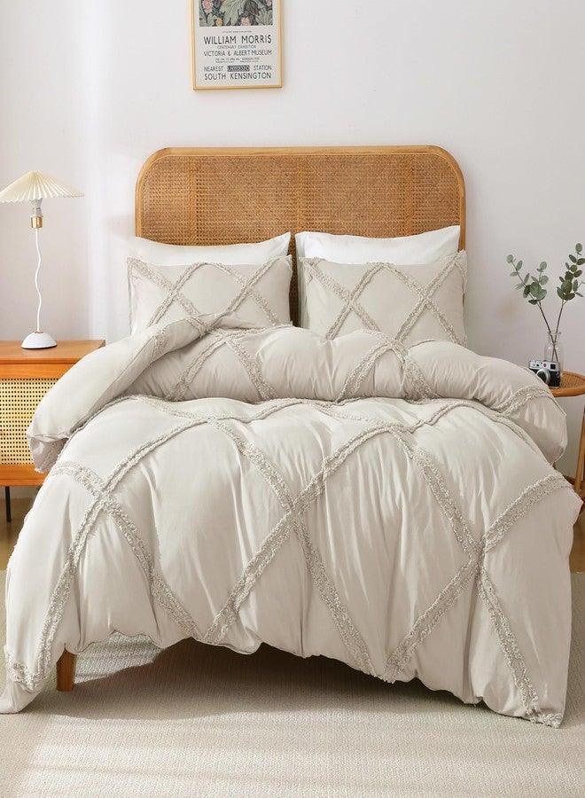 MILDLY Tufted Duvet Cover Beige - Boho Textured Jacquard Rhombus Geometric King Size Comforter Cover Set with Corner Ties & Zipper Closure - Image 1