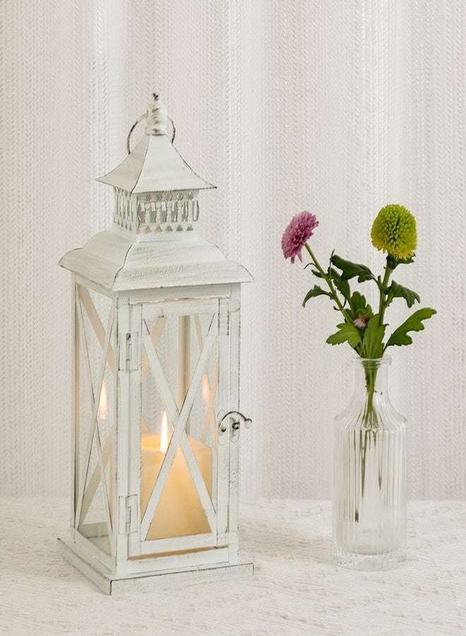DECORKEY Candle Lantern Decorative, Large Square Hanging Spring Home Decor, Vintage Metal Decorative Candle Lanterns for Outdoor Patio Wedding Party White with Black Brush - Image 2