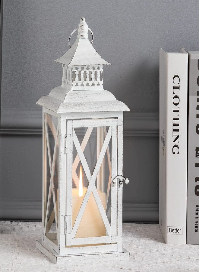 DECORKEY Candle Lantern Decorative, Large Square Hanging Spring Home Decor, Vintage Metal Decorative Candle Lanterns for Outdoor Patio Wedding Party White with Black Brush - Image 1
