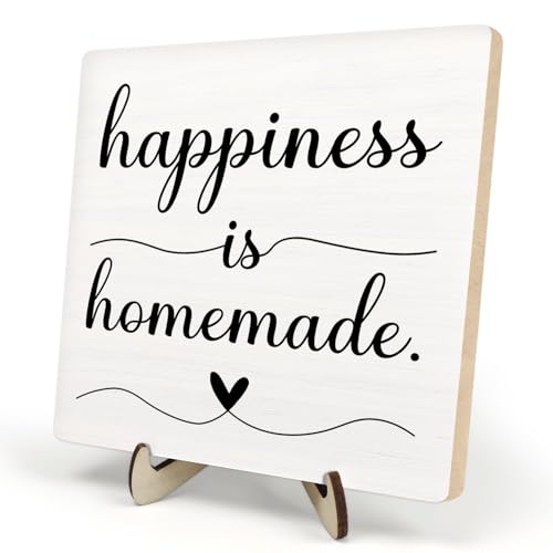 DMADNF Kitchen Decor Sign, Funny Modern Farmhouse Tabletop Decor, Rustic Wood & Metal Plaque, Happiness is Homemade, 5.9 x 5.9 Inch (White-Homemade) - Image 1