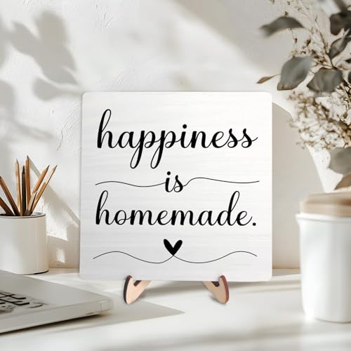 DMADNF Kitchen Decor Sign, Funny Modern Farmhouse Tabletop Decor, Rustic Wood & Metal Plaque, Happiness is Homemade, 5.9 x 5.9 Inch (White-Homemade) - Image 3