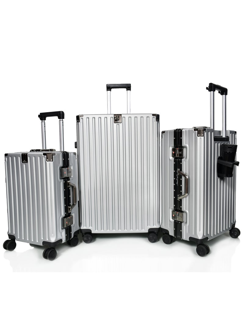 MORANO Morano Women Aluminuim Travel Luggage Set of 3 Pcs, with Built-in Combination Lock, Cup Holder and Phone Holder silver Color Sizes: 28''-24''-20'' Inches  - Image 1