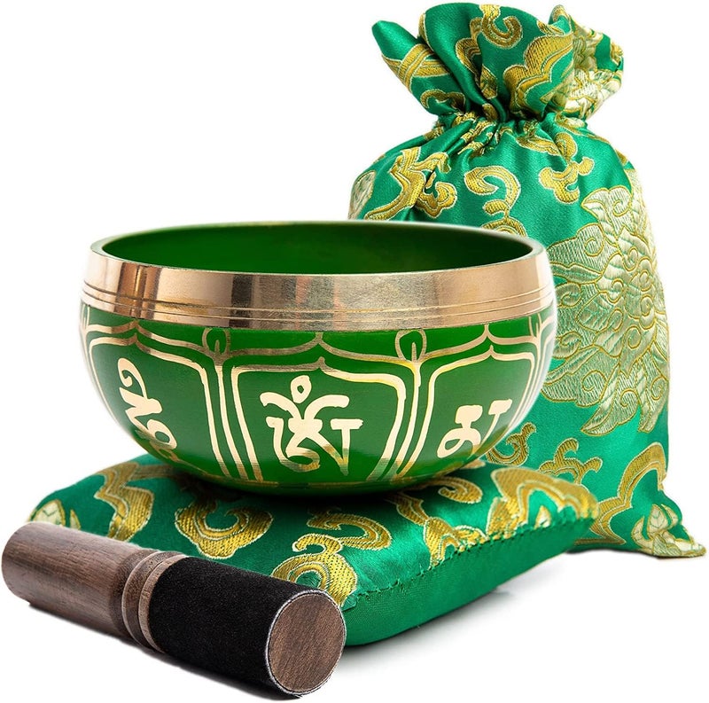 HIMALAYAN BAZAAR Tibetan Singing Bowl Set - Authentic Handcrafted Mindfulness Meditation Holistic Sound 7 Chakra Healing by Himalayan Bazaar (Emerald) - Image 1