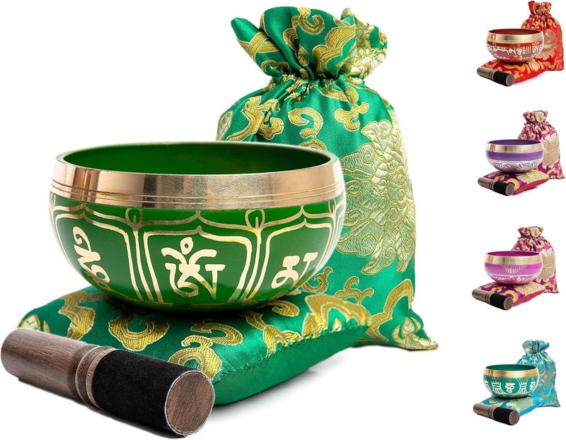HIMALAYAN BAZAAR Tibetan Singing Bowl Set - Authentic Handcrafted Mindfulness Meditation Holistic Sound 7 Chakra Healing by Himalayan Bazaar (Emerald) - Image 4