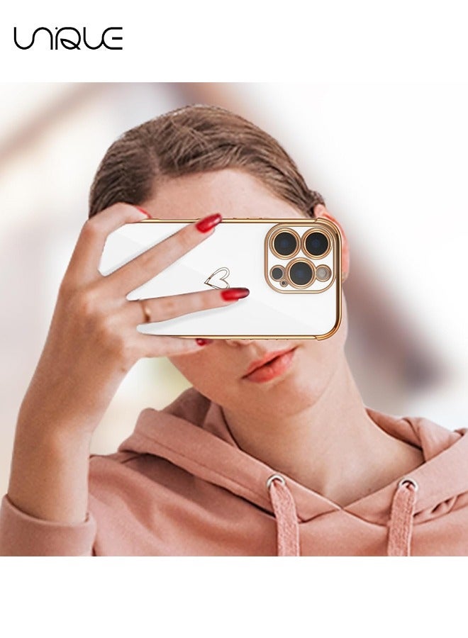 Unique Compatible with iPhone 16 Pro Case，Love Heart Plating Electroplate Elegant Case Camera Protector Soft TPU Shockproof Protective Back Cover iPhone 16 Pro Case - White - Image 4