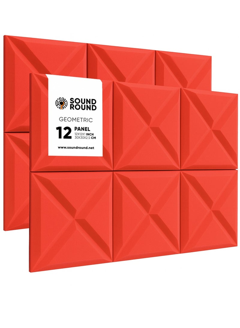 ساوند راوند ألواح الفوم الصوتي SoundRound مقاس 12×12×1 بوصة – عزل صوت احترافي بتصميم جيومتريك – للتحكم في الصدى ومعالجة السينما المنزلية – ألواح عالية الكثافة – 12 قطعة - لون احمر - Image 1