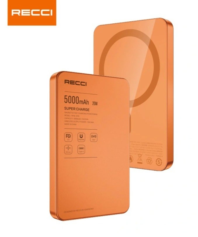 RECCI Slim 5000mAh Magnetic Power Bank, Supports 15W MagSafe Wireless Charging and 20W PD Fast Wired Charging, Orange