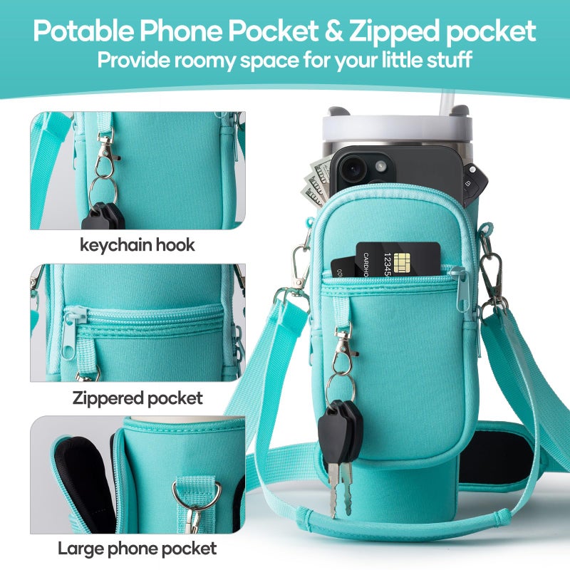 linmaya Water Bottle Carrier Bag for Stanley Cup 40/30oz with Phone Holder Pockets,Neoprene Water Bottle Cross-body Bag with Adjustable Shoulder & Hand Strap Stanley Cup Accessories - Image 3