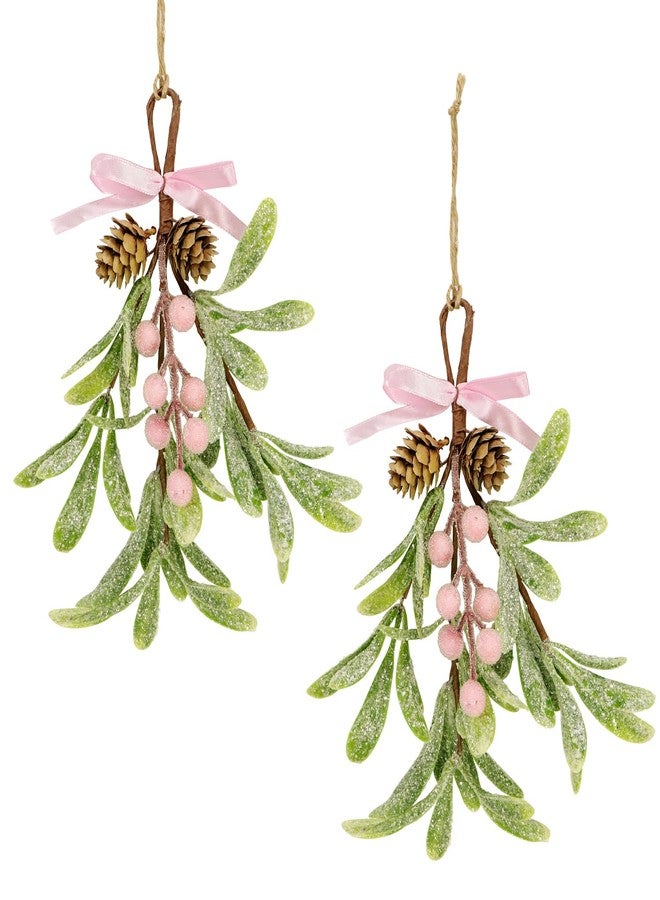 Kunjocy Christmas Mistletoe Decorations Frosted Artificial Mistletoe Ornaments with Bows Berries Pine Cones Snowy Fake Hanging Kissing Plant Stems for Xmas Tree Picks Doorway Holiday Decor (2, Pink) - Image 1