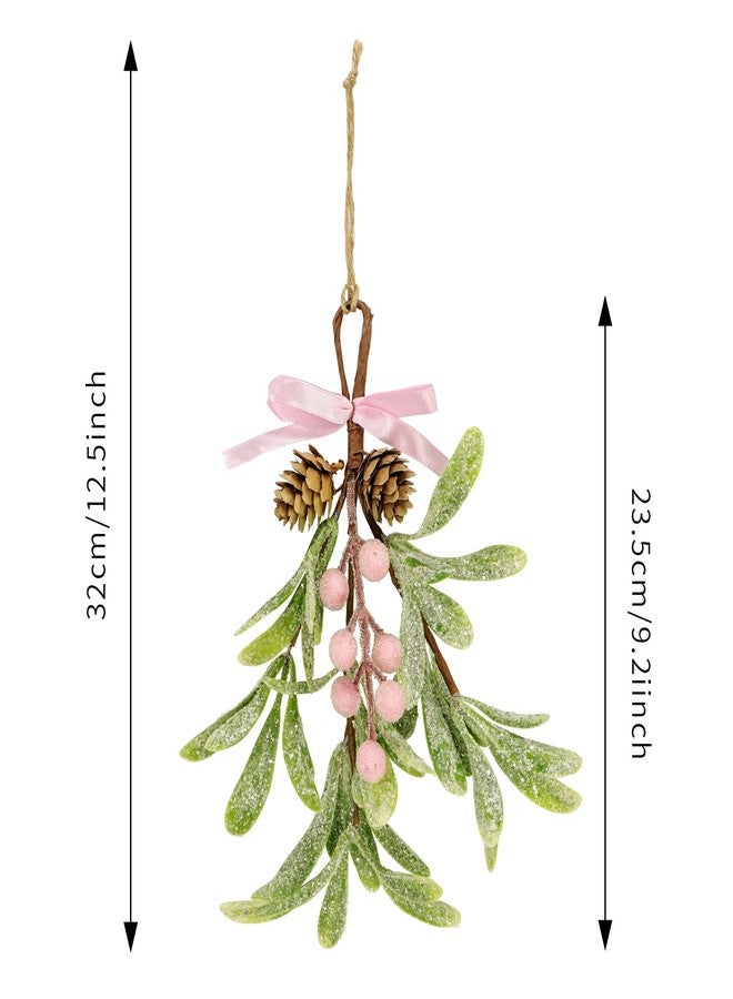 Kunjocy Christmas Mistletoe Decorations Frosted Artificial Mistletoe Ornaments with Bows Berries Pine Cones Snowy Fake Hanging Kissing Plant Stems for Xmas Tree Picks Doorway Holiday Decor (2, Pink) - Image 2