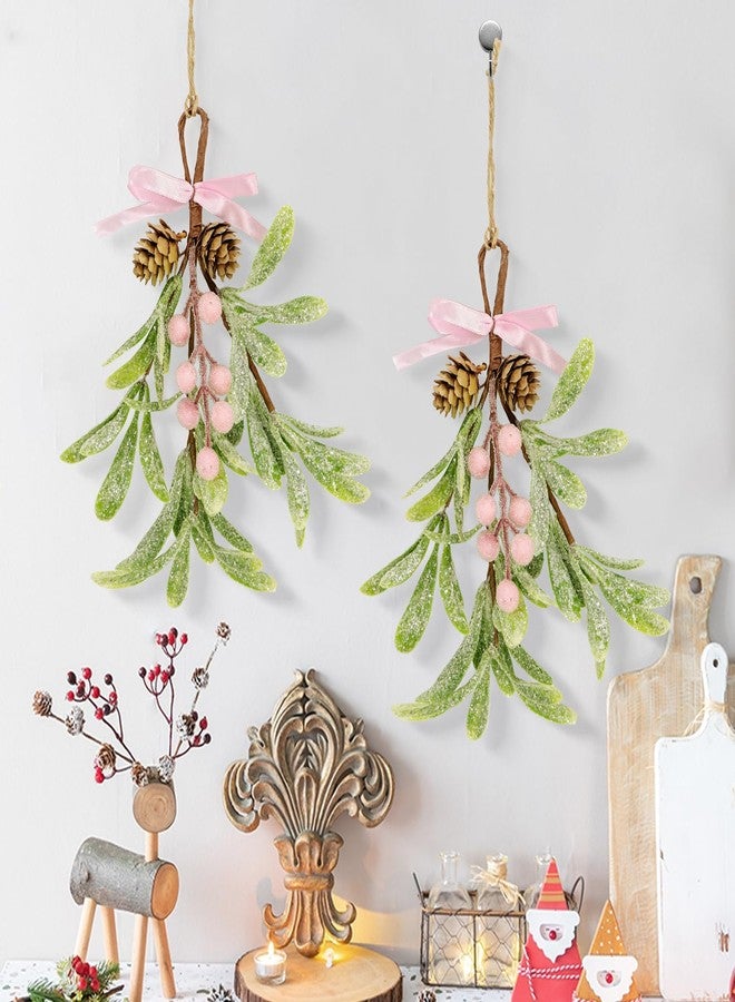 Kunjocy Christmas Mistletoe Decorations Frosted Artificial Mistletoe Ornaments with Bows Berries Pine Cones Snowy Fake Hanging Kissing Plant Stems for Xmas Tree Picks Doorway Holiday Decor (2, Pink) - Image 4