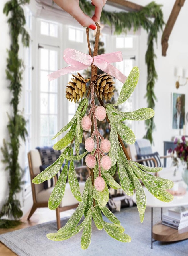 Kunjocy Christmas Mistletoe Decorations Frosted Artificial Mistletoe Ornaments with Bows Berries Pine Cones Snowy Fake Hanging Kissing Plant Stems for Xmas Tree Picks Doorway Holiday Decor (2, Pink) - Image 3