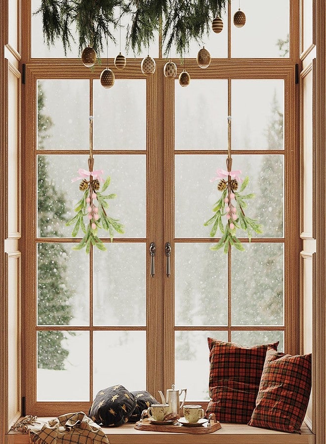 Kunjocy Christmas Mistletoe Decorations Frosted Artificial Mistletoe Ornaments with Bows Berries Pine Cones Snowy Fake Hanging Kissing Plant Stems for Xmas Tree Picks Doorway Holiday Decor (2, Pink) - Image 5