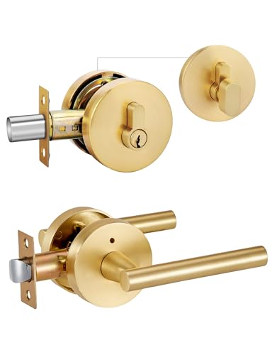 Lethato Gold Door Handle and Deadbolt Set Heavy Duty Front Door Lock Set Exterior Door Lever Single Keyed Round Deadbolt Lock 1 Pack - Image 1