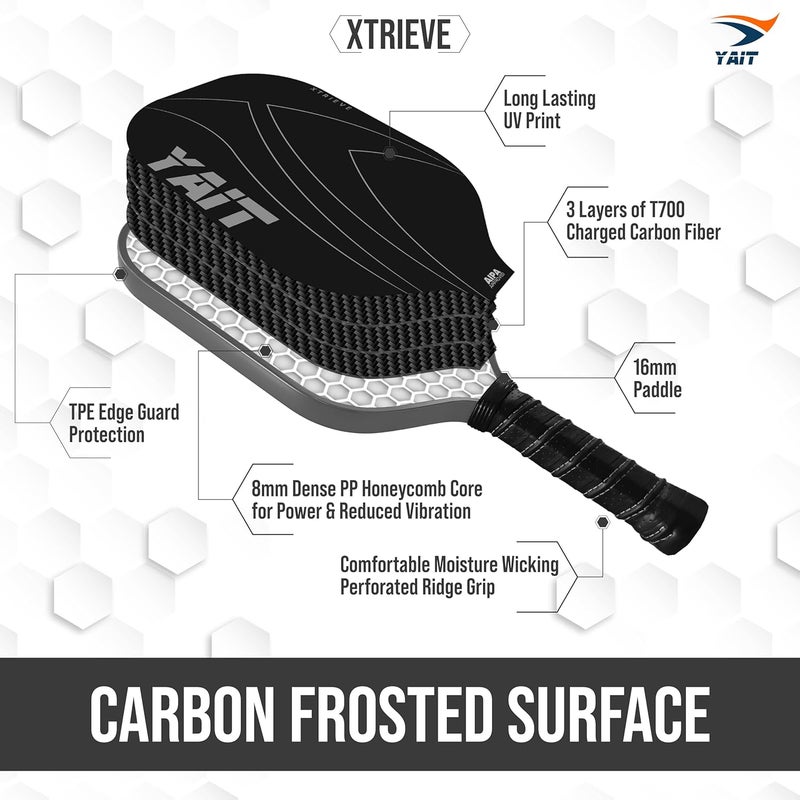 YAIT Sports Xtrieve Pickle Ball Racket Set of 2 | 16mm T700 Charged Carbon Fiber Frosted Surface | Highly Dense 8mm PP Honeycomb Core |Pro-Level Spin & Control |AIPA Approved Paddle of USAPA Standards - Image 4