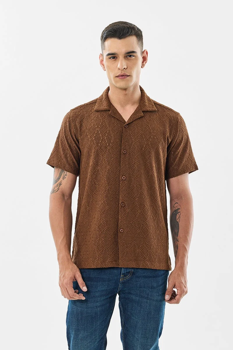 سنيتش Brown Textured Half Sleeve Boxy Shirt