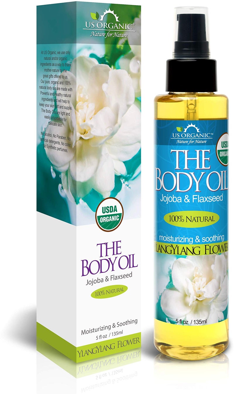 US Organic Body Oil - Rich Floral Ylang Ylang - Jojoba and Flaxseed Oil with Vitamin E, USDA Organic, No Alcohol, Paraben, Artificial Detergents, Color or Synthetic perfumes, 5 Fl.oz. (YlangYlang) - Image 1