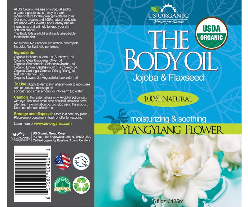 US Organic Body Oil - Rich Floral Ylang Ylang - Jojoba and Flaxseed Oil with Vitamin E, USDA Organic, No Alcohol, Paraben, Artificial Detergents, Color or Synthetic perfumes, 5 Fl.oz. (YlangYlang) - Image 2