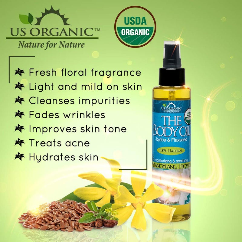 US Organic Body Oil - Rich Floral Ylang Ylang - Jojoba and Flaxseed Oil with Vitamin E, USDA Organic, No Alcohol, Paraben, Artificial Detergents, Color or Synthetic perfumes, 5 Fl.oz. (YlangYlang) - Image 5