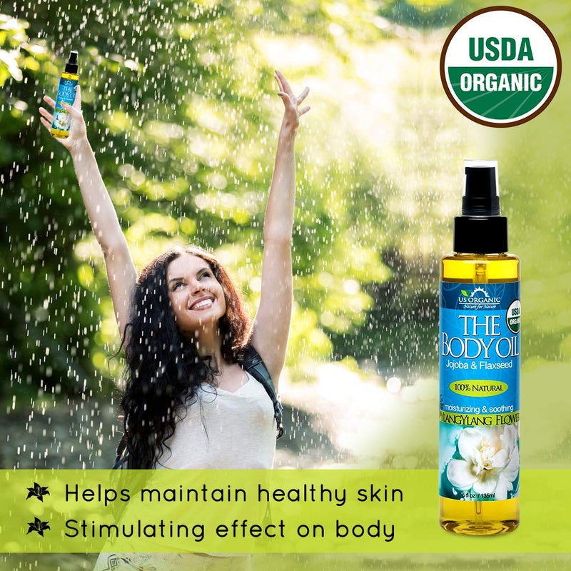 US Organic Body Oil - Rich Floral Ylang Ylang - Jojoba and Flaxseed Oil with Vitamin E, USDA Organic, No Alcohol, Paraben, Artificial Detergents, Color or Synthetic perfumes, 5 Fl.oz. (YlangYlang) - Image 3