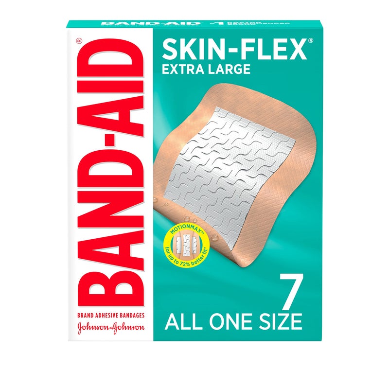 Band-Aid لصقات باند-أيد العلامة التجارية لاصقة مرنة للعناية بالجروح والإسعافات الأولية للجروح والخدوش الطفيفة والحروق، لاصقات مرنة معقمة للأصابع والركب، كبيرة جداً، حجم واحد، 7 قطع - Image 1
