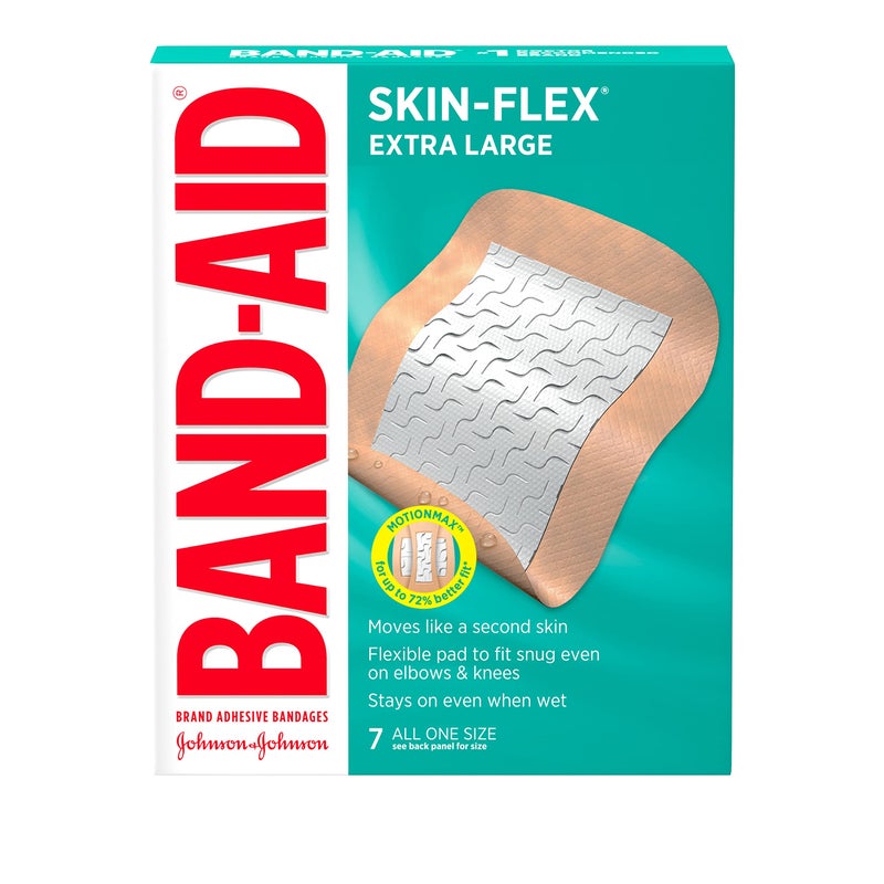 Band-Aid لصقات باند-أيد العلامة التجارية لاصقة مرنة للعناية بالجروح والإسعافات الأولية للجروح والخدوش الطفيفة والحروق، لاصقات مرنة معقمة للأصابع والركب، كبيرة جداً، حجم واحد، 7 قطع - Image 2