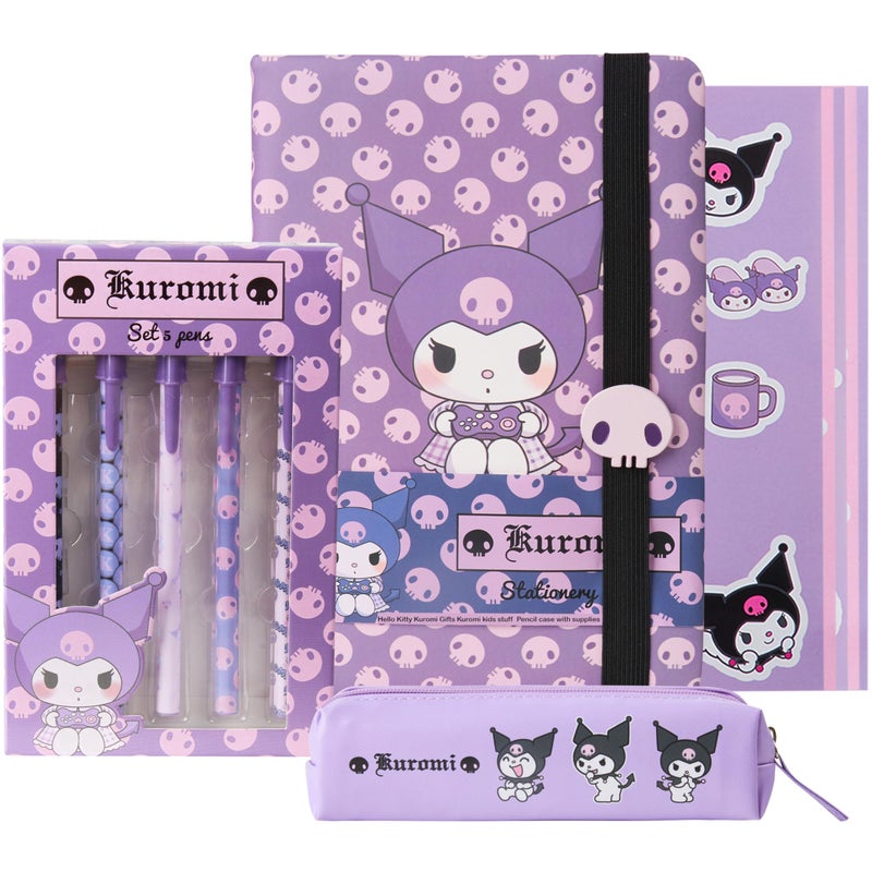 Get Trend Hello Kitty Gifts Kuromi Stationary Set Cute Notebooks Pens Kawaii Pencil Case Anime Stickers Cute Stuff Journal Accessories Gift for Teens (Purple Kuromi) - Image 1