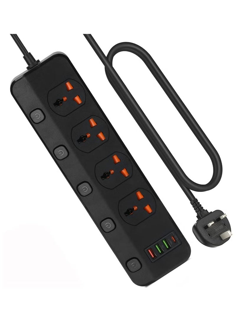 أنمي 3 متر تمديد الرصاص 4 التيار المتناوب الطريق مع شاحن سريع 3 أوسب+1 نوع ج فتحات ، 13 أمبير المملكة المتحدة التوصيل الطاقة ، محمية تمديد الحبل مع مفاتيح الفردية ، قطاع الطاقة للمنزل مكتب (أسود)