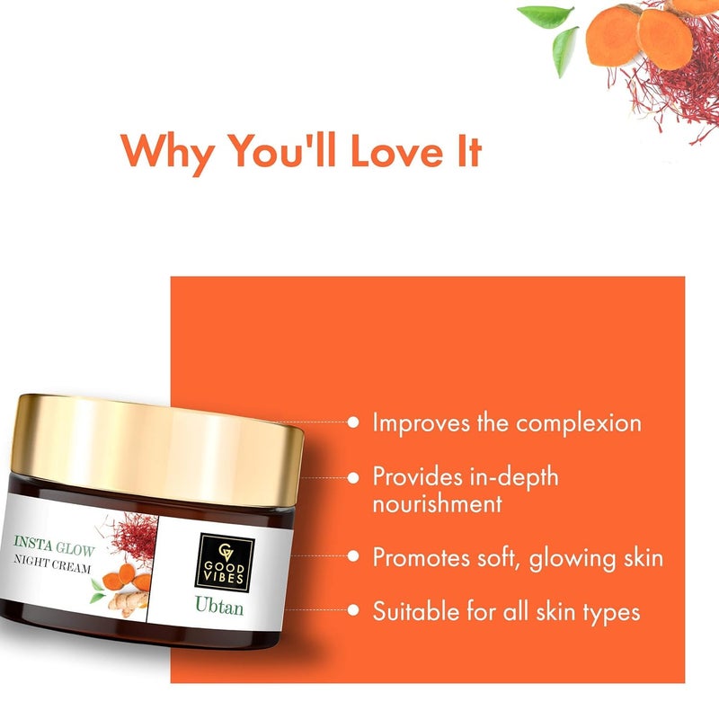 Good Vibes Ubtan Night Cream | with Saffron Turmeric & Vitamin B3 | Hydrating Overnight Restorative Moisturizer for Skin | No Parabens or Sulfates 1.76 Oz/50ml - Image 4