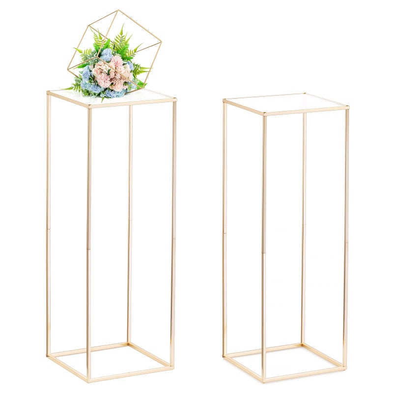 Nuptio Gold Vases for Centerpieces Wedding with Acrylic Panel - 2 Pcs 31.5 inch Tall Metal Flower Vase Flowers Stand - Elegant Bulk Weddings Decoration Table Geometric Centerpiece for Party Tables - Image 1