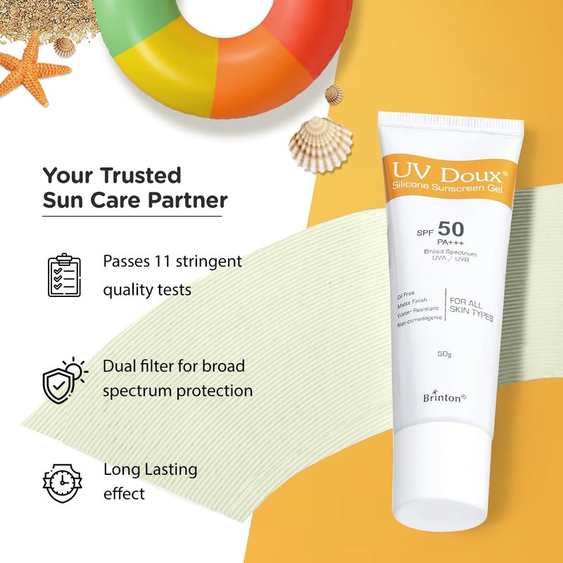 Brinton UV Doux Silicone Sunscreen Gel with SPF 50PA Broad Spectrum for Face  Body with No White CastNon ComedogenicParaben FreeWater ResistantClinically Proven  Dermatologist Approved50gm - Image 3