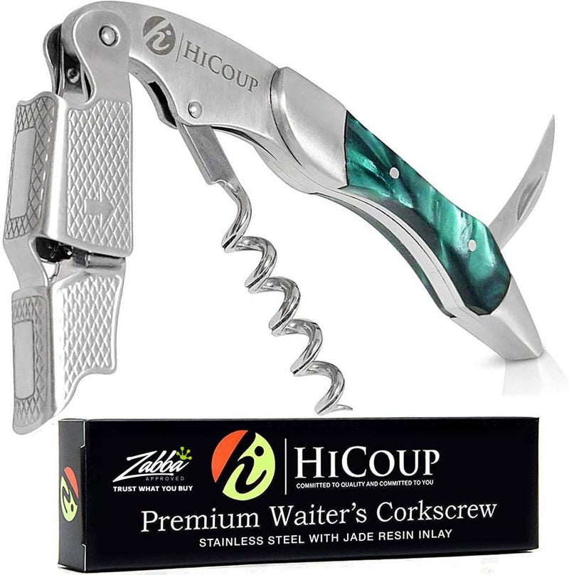 HiCoup Kitchenware Hicoup Wine Opener - Professional Corkscrews for Wine Bottles w/Foil Cutter and Cap Remover - Manual Wine Key for Servers, Waiters, Bartenders and Home Use - Stainless Steel With Jade Resin Inlay - Image 1