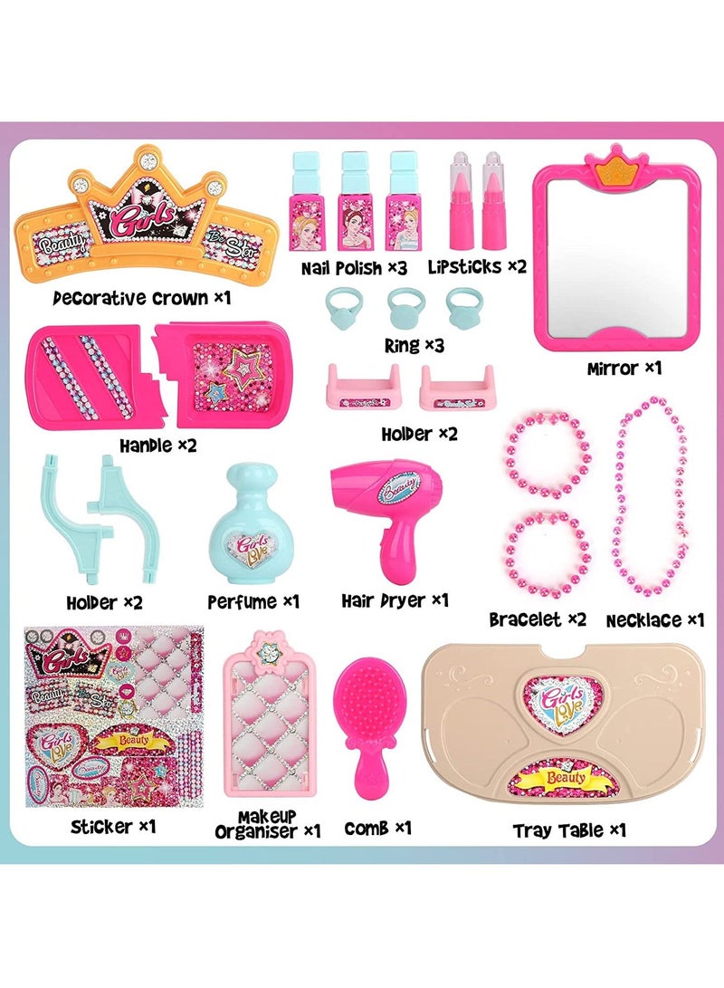 Pretend Makeup Sets for Girls with Jewellery, 2 in 1 Kids Make Up Table and Suitcase, Gift for Girls Age 3 and Up - Image 2