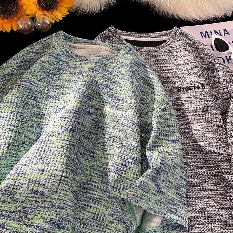 oversize Waffle Heavy Short-sleeved Boys T-shirt 2024 Summer Fashion plus size Crewneck Half Sleeve - Image 2