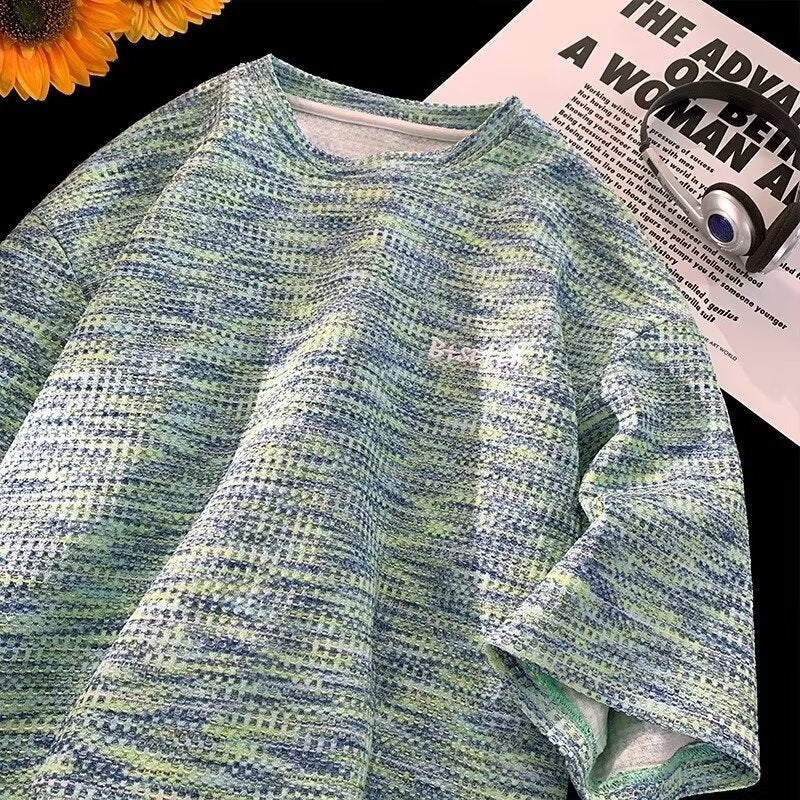 oversize Waffle Heavy Short-sleeved Boys T-shirt 2024 Summer Fashion plus size Crewneck Half Sleeve - Image 3