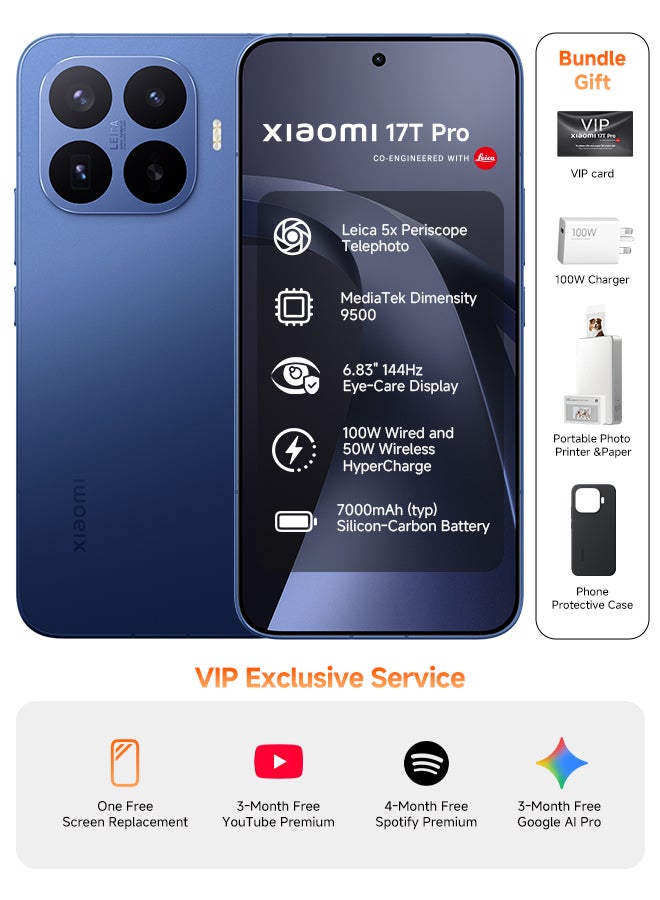 17T Pro Dual SIM 5G Deep Blue 12GB RAM 512GB + Portable photo printer pro + Sublimation Photo Paper(20) - Global Version