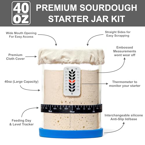 BALCI Premium Sourdough Starter Jar - 40oz Large Sourdough Jar with Marked Feeding Band, Thermometer, Scraper, Cloth Cover and Silicone Lid/Base, Wide Mouth Starter Kit - Blue - Image 4