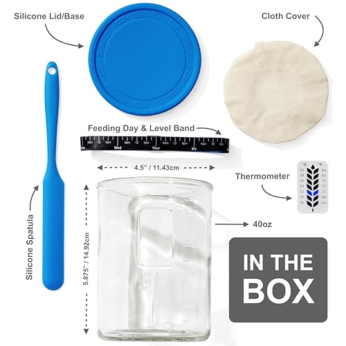 BALCI Premium Sourdough Starter Jar - 40oz Large Sourdough Jar with Marked Feeding Band, Thermometer, Scraper, Cloth Cover and Silicone Lid/Base, Wide Mouth Starter Kit - Blue - Image 2