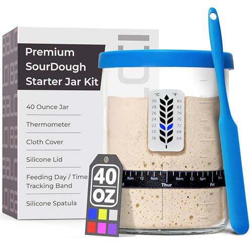 BALCI Premium Sourdough Starter Jar - 40oz Large Sourdough Jar with Marked Feeding Band, Thermometer, Scraper, Cloth Cover and Silicone Lid/Base, Wide Mouth Starter Kit - Blue - Image 1