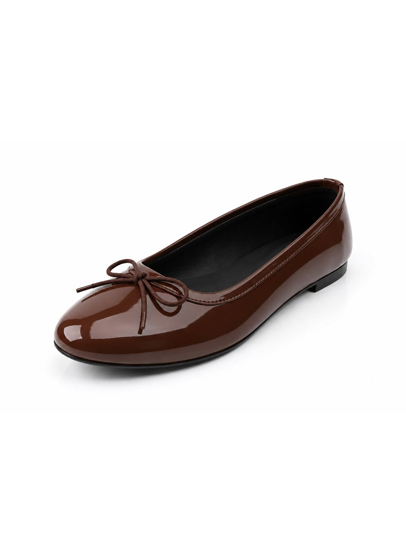 OG Women’s Classic Brown glossy  Ballerina Flats – Patent Leather Look with Bow Detail - Image 1
