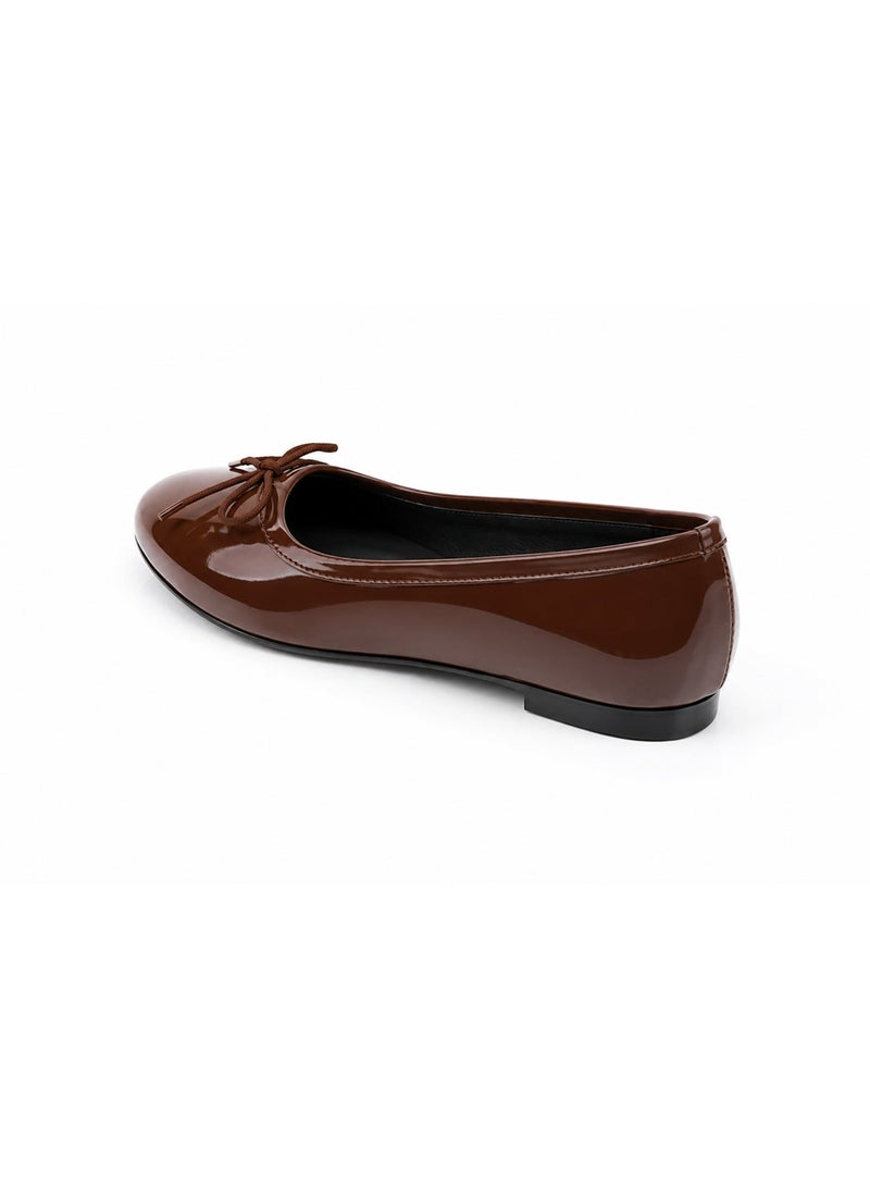 OG Women’s Classic Brown glossy  Ballerina Flats – Patent Leather Look with Bow Detail - Image 2