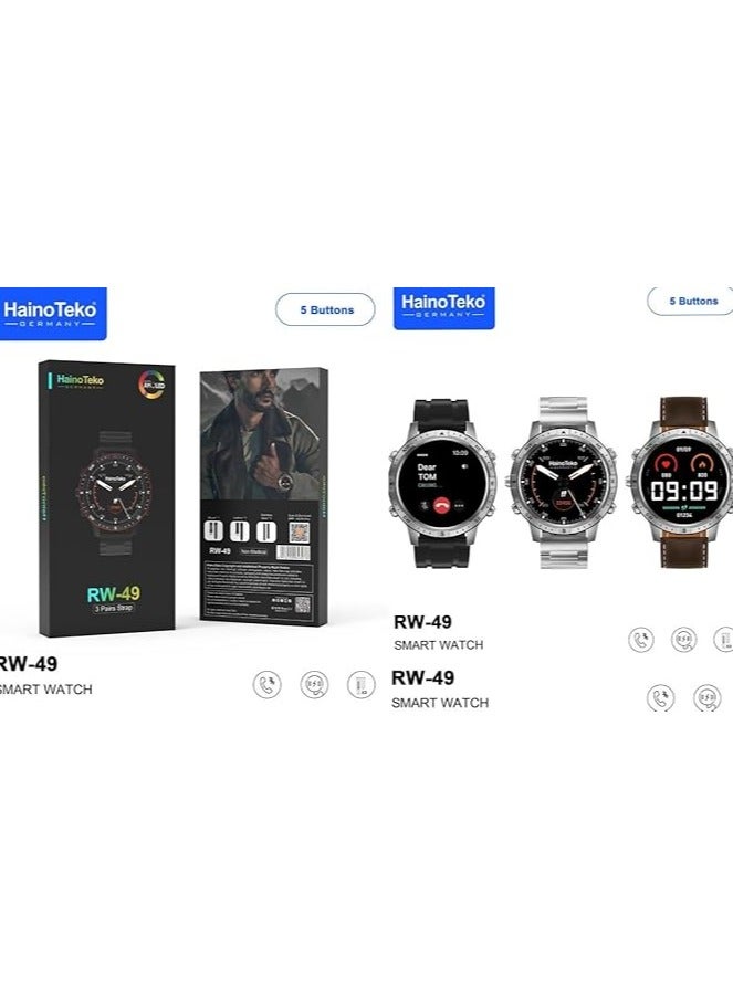 Haino Teko Germany RW49 Smart Watch with Round AMOLED Display, 3 Pairs of Straps, and Wireless Charger for Men and Boys - Black