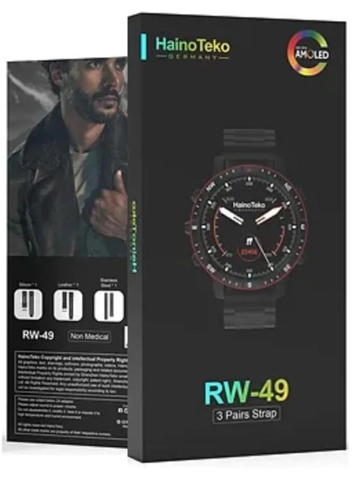 Haino Teko Germany RW49 Smart Watch with Round AMOLED Display, 3 Pairs of Straps, and Wireless Charger for Men and Boys - Black