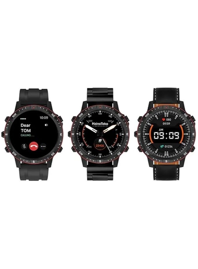Haino Teko Germany RW49 Smart Watch with Round AMOLED Display, 3 Pairs of Straps, and Wireless Charger for Men and Boys - Black