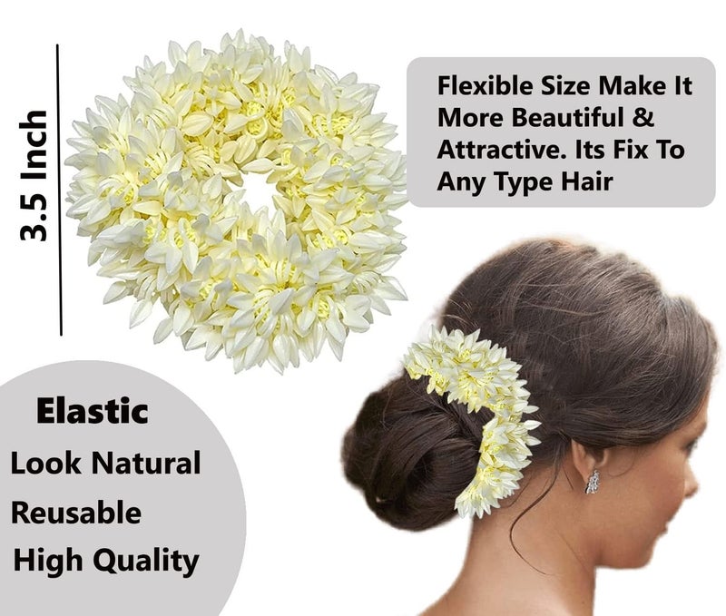 Vivian VIVIAN 2 Pcs Scented Mogra Gajra Hair Accessories For Women Hair Flower Bun Artificial Fake Gajra Scrunchies Rubber Band Premium Voluminous White  - Image 2