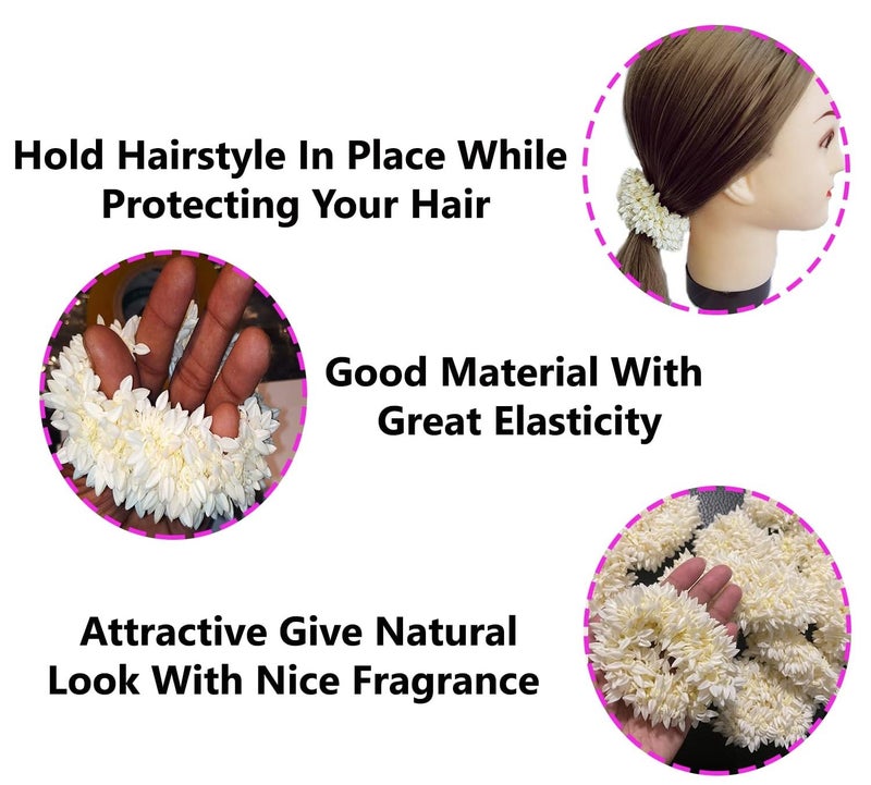 Vivian VIVIAN 2 Pcs Scented Mogra Gajra Hair Accessories For Women Hair Flower Bun Artificial Fake Gajra Scrunchies Rubber Band Premium Voluminous White  - Image 4